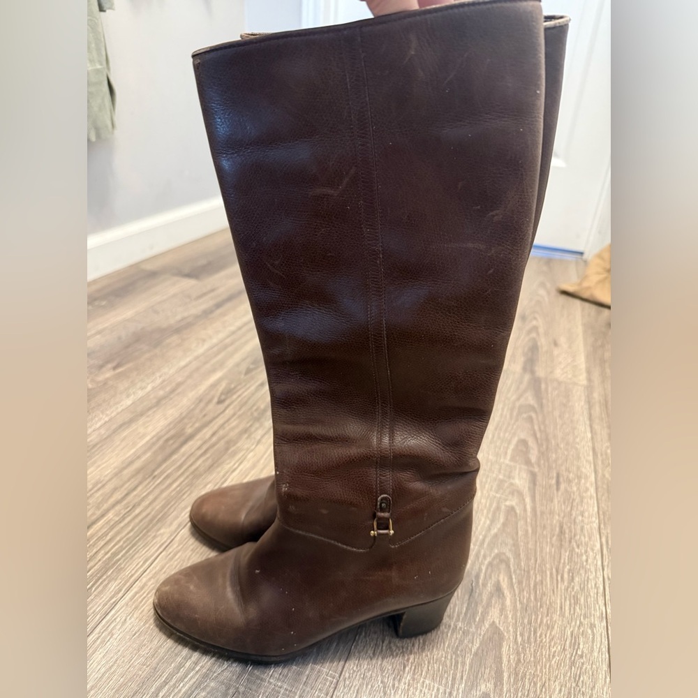 Gucci 1970s Horsebit Brown Leather Wood Stacked Heel Boots Size 8 - Picture 2 of 10